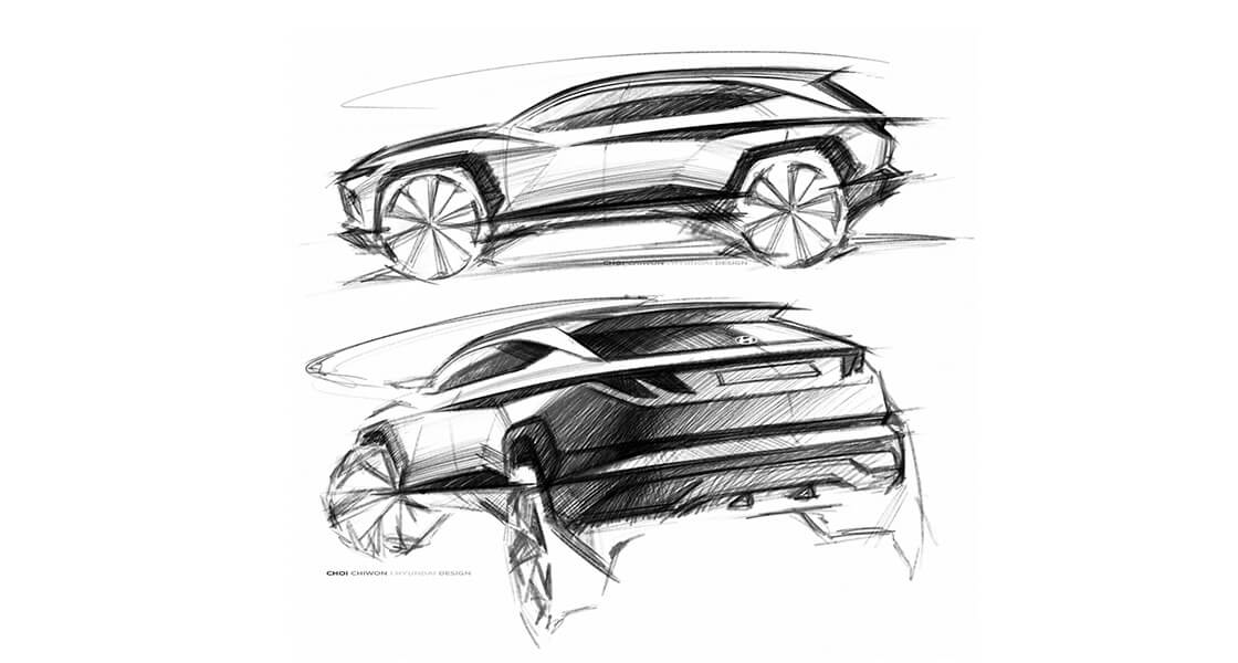 Designový náčrt zcela nového kompaktního SUV Hyundai Tucson v pohledu zezadu a ze strany.
